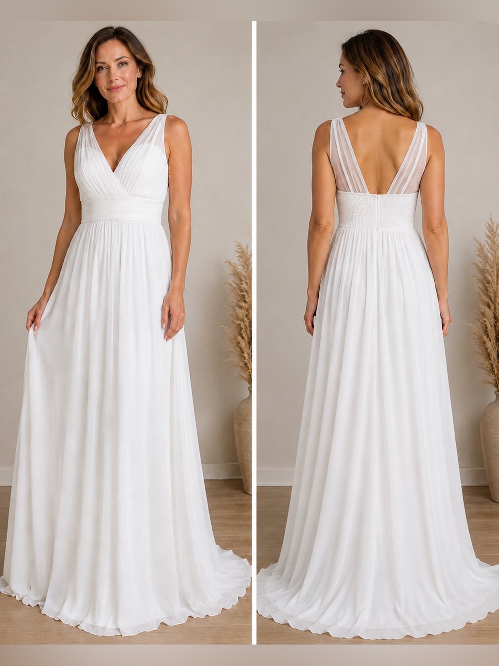 White V-Neck formal Evening wedding Dress maxi gown Floor Length XL 12-14